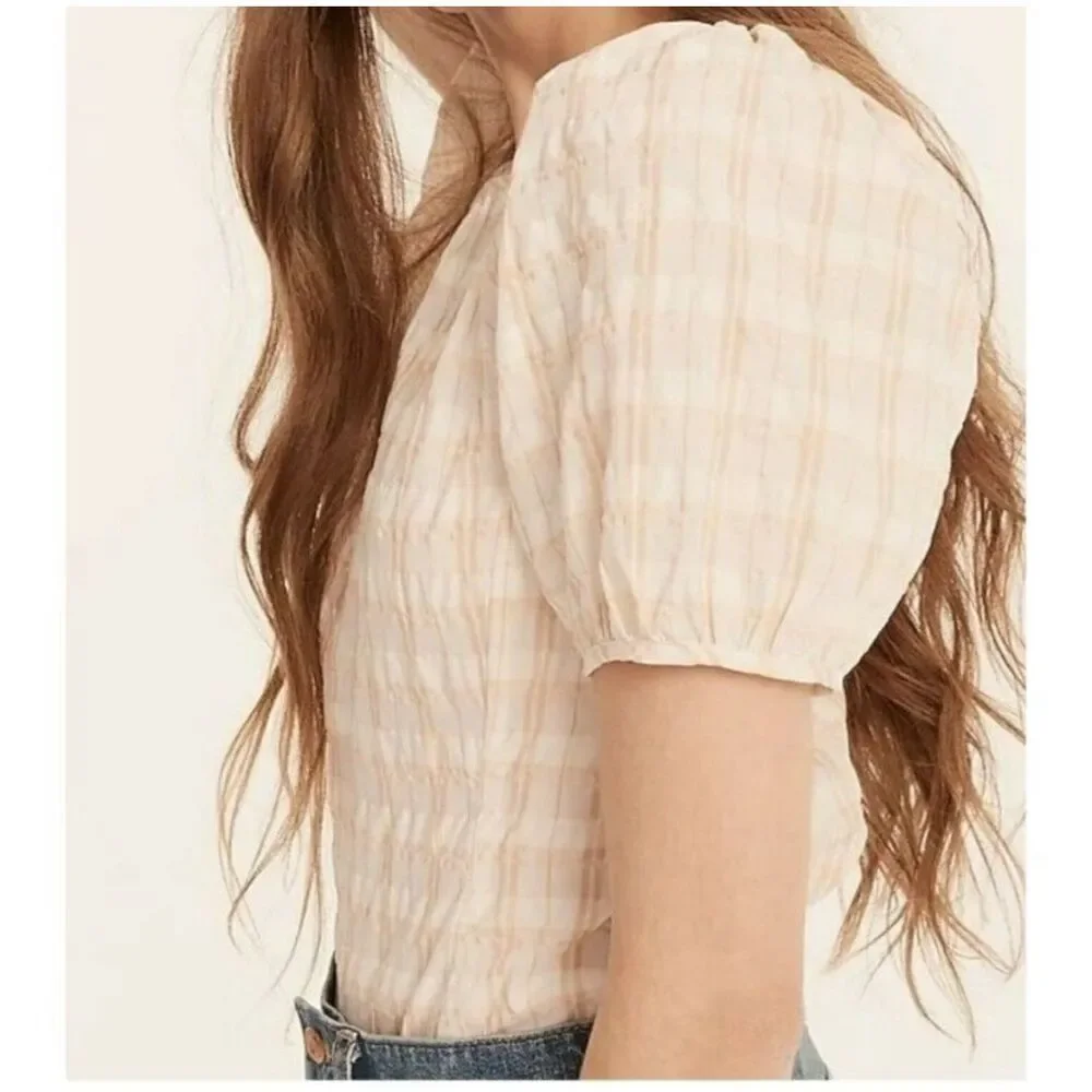 J Crew Women's V Back Puff Sleeve Textured Plaid Top Blouse Size 2 NWOT - Picture 2 of 12